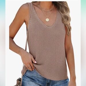 Women's Taupe Tan Sweater Tank Thick Straps V Neck Size Large Perfect Condition